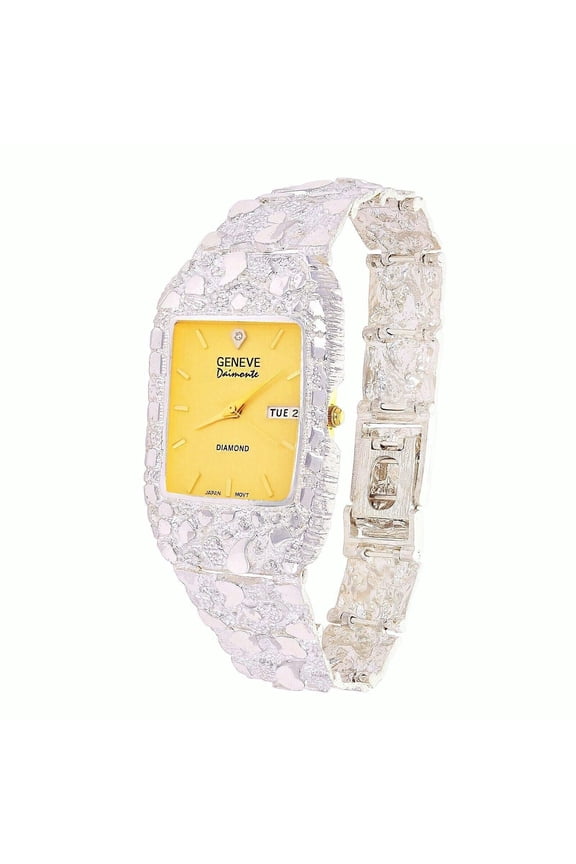 Mens 925 Sterling Silver Nugget Wrist Watch Geneve Real Natural Diamond Watch 8-8.5 50 grams