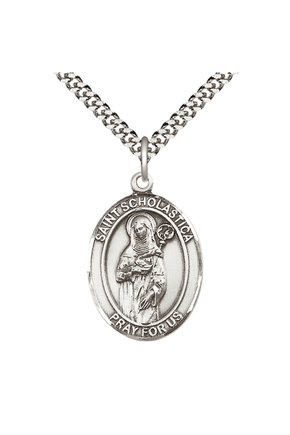 Mens .925 Sterling Silver Saint Scholastica Medal Pendant on 24" Rhodium Plated Heavy Curb Brass Chain with Lobster Claw clasp, Catholic Religious Necklace -Made in USA- Velvet Gift Box