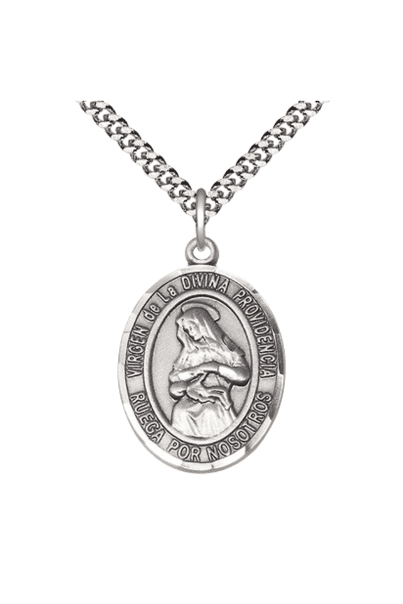 Mens .925 Sterling Silver Virgen de la Divina Medal Pendant on 24" Rhodium Plated Heavy Curb Brass Chain with Lobster Claw clasp, Catholic Religious Necklace - Made in USA- Velvet Gift Box