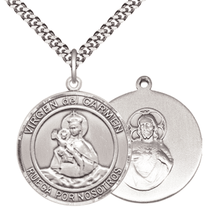 Mens .925 Sterling Silver Virgen del Carmen Medal Pendant on 24" Rhodium Plated Heavy Curb Brass Chain with Lobster Claw clasp, Catholic Religious Necklace - Made in USA- Velvet Gift Box