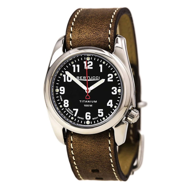 Mens A-2T High Polish Analog Titanium Watch - Brown Leather Strap