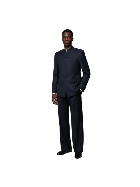 Mens APOLLO KING Banded Collarless suit Chinese Mandarin Wide leg AG92 navy blue