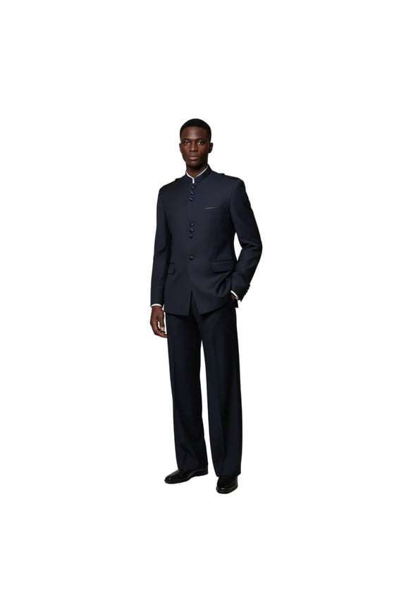 Mens APOLLO KING Banded Collarless suit Chinese Mandarin Wide leg AG92 navy blue