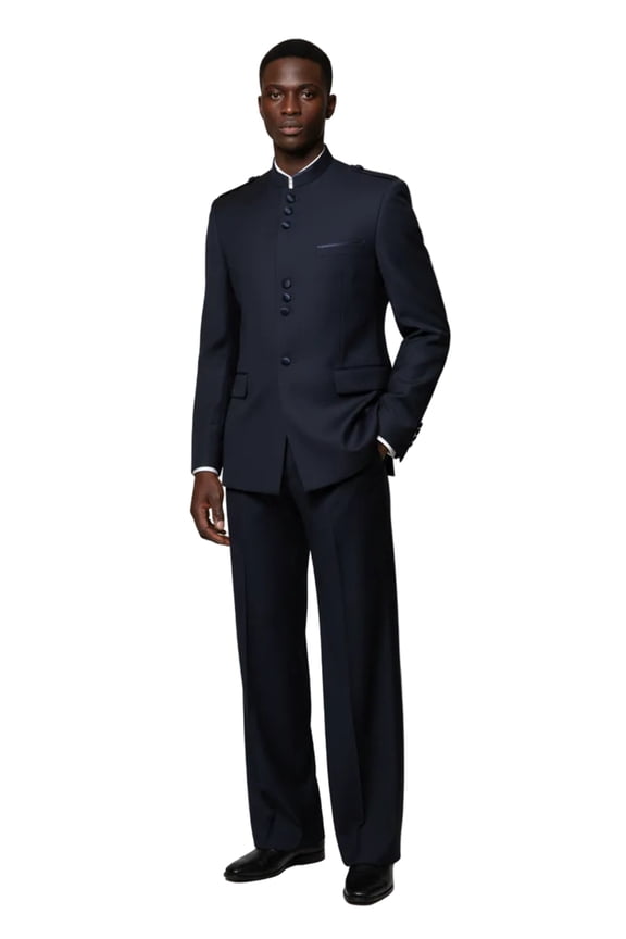 Mens APOLLO KING Banded Collarless suit Chinese Mandarin Wide leg AG92 navy blue