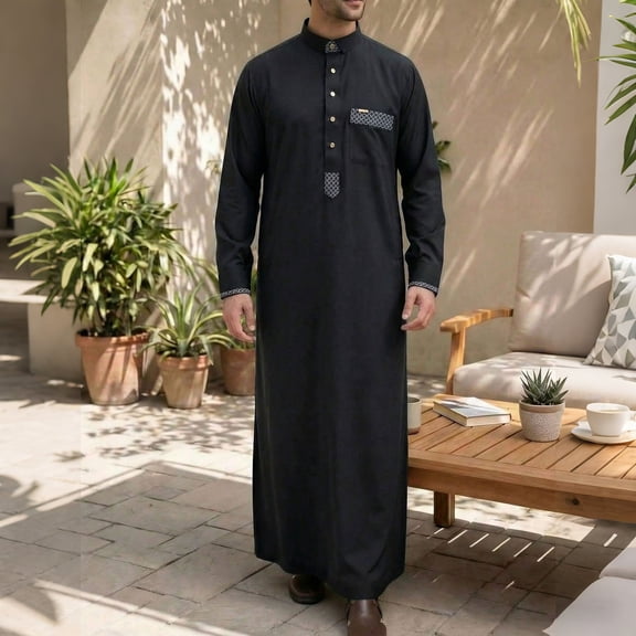 Mens Abaya Arabic Thobe Traditional Middle Muslim Robe with Buttons Long Sleeve Comfortable Daily Wear Black L