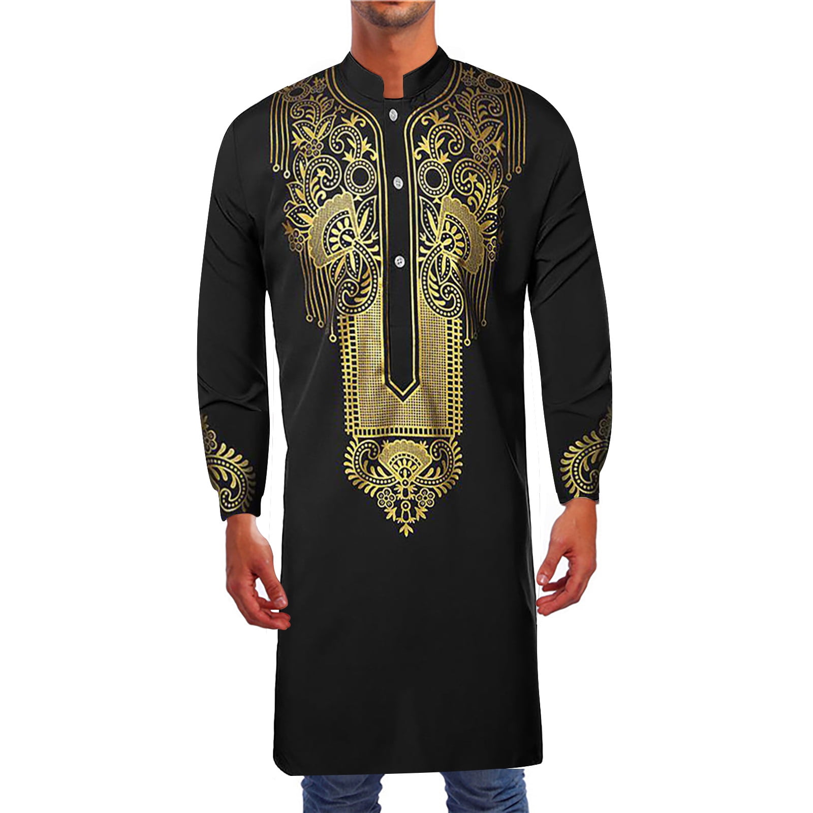 Mens Abaya Thobe Arabic Longline T Shirts Henley Kaftan Banded Collar ...