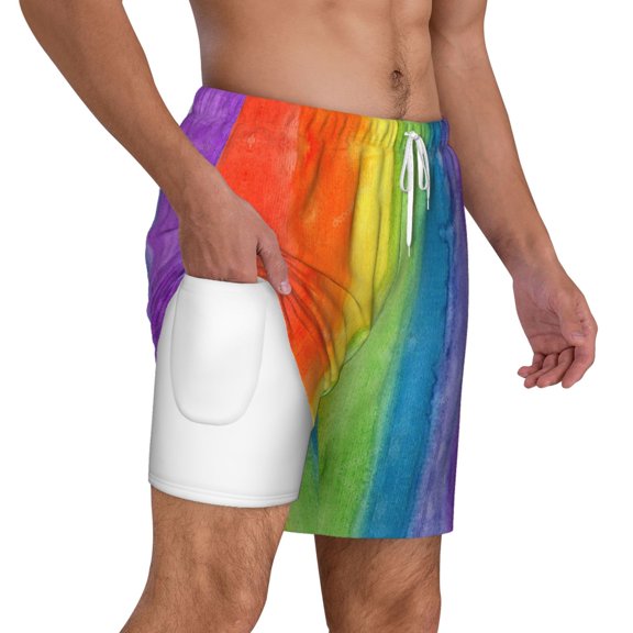 Mens Abstract Striped Rainbow 2 in 1 Quick Dry Swim Trunks with Compression Liner Beach Shorts