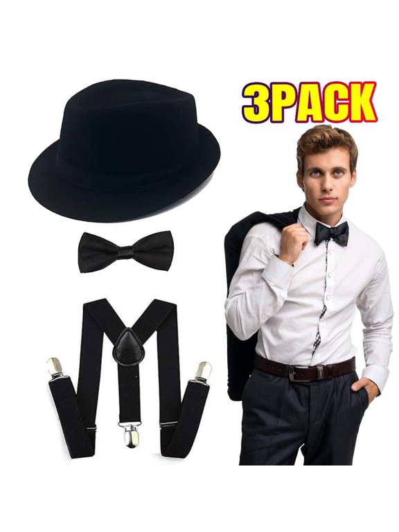 Mens Accessories Fedora Gangster Hat Costume Accessory Pre Tied Bow Tie & Y-Back Suspenders, Men's Roaring 20s Set Manhattan Hat