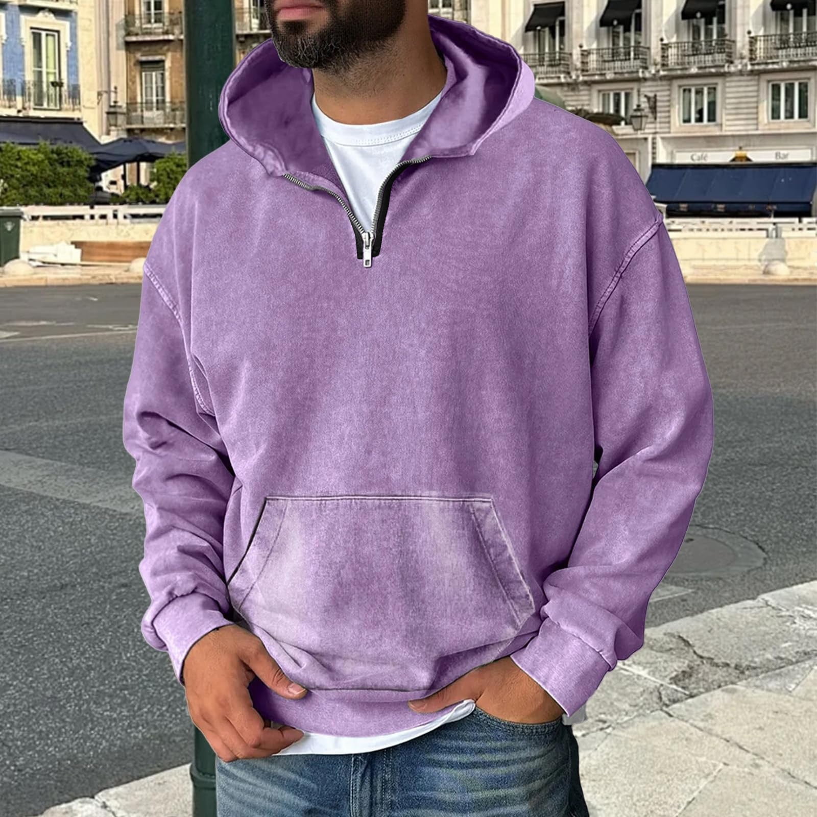 Mens Acid Wash Half Zip Hoodie Oversized Vintage Hoodies