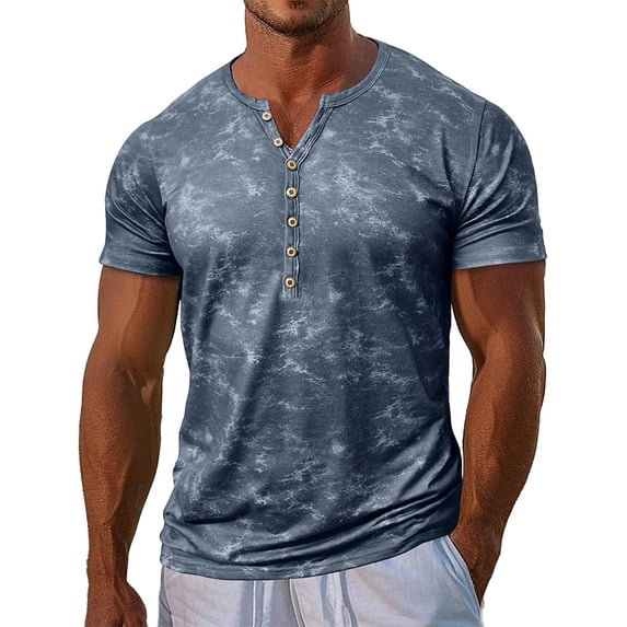 Mens Acid Wash Short Sleeve Muscle Henley T-Shirts Stretchy Workout Athletic Tee Casual 1/2 Button Up Retro Streetwear Tops for Summer Vacation