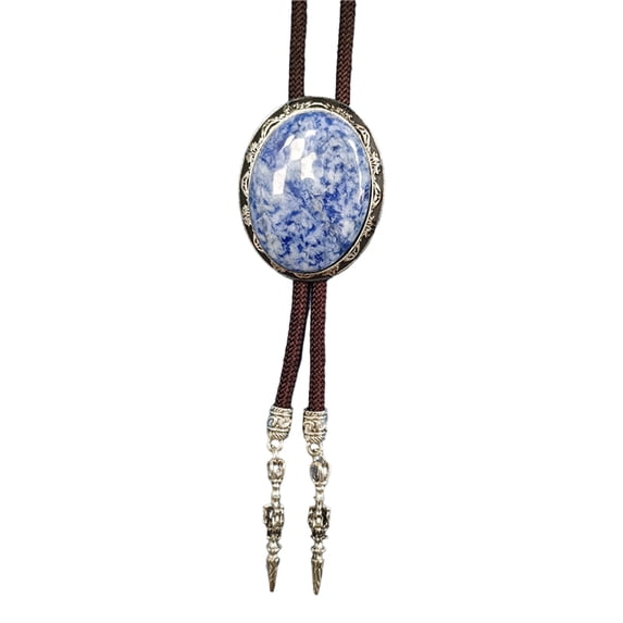 Mens Adjustable Braided Cord Bolotie Necktie with Oval Shape Stone Pendant Shirt Collar Chain Western Jewelry Necklace