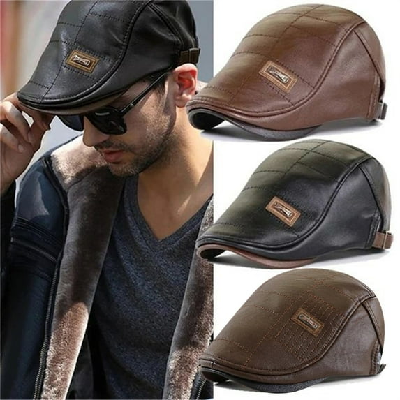 Mens Adjustable Leather Flat Cap Retro Newsboy Style Driver Hat with Classic Design