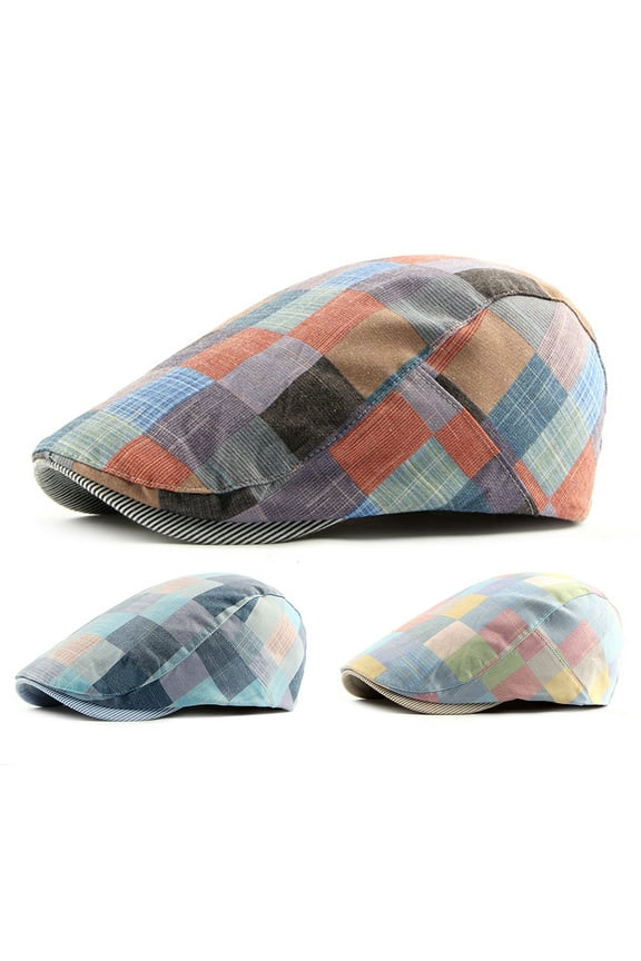 Mens Adjustable Plaid Cotton Ivy Newsboy Cabbie Gatsby Golf Beret Flat Cotton Hat Thin Cap