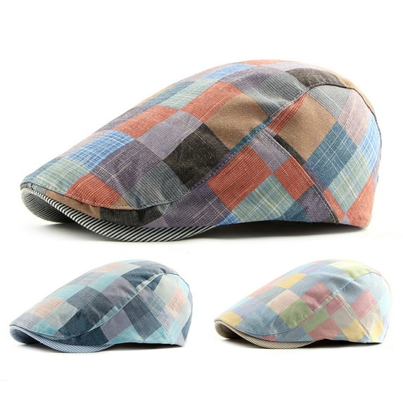 Mens Adjustable Plaid Cotton Ivy Newsboy Cabbie Gatsby Golf Beret Flat Cotton Hat Thin Cap