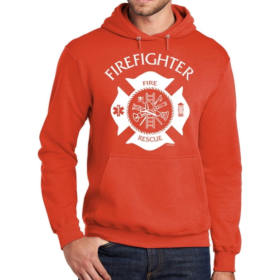 Mens Adult Firefighter Fireman Hoodie Sweatshirt, Large Orange