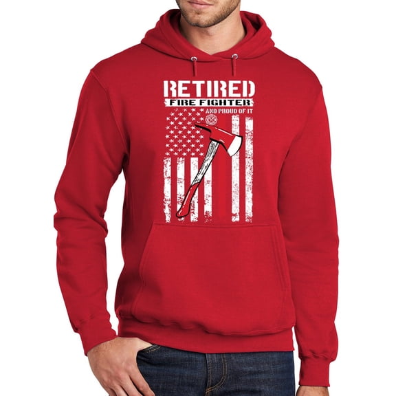 Mens Adult Retired Firefighter with AXE Hoodie Sweatshirt, 2XL Red