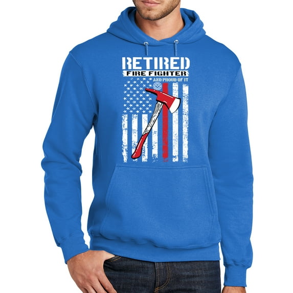 Mens Adult Retired Firefighter with AXE Hoodie Sweatshirt, Small Royal Blue