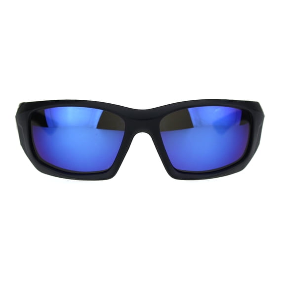 Mens Aerodynamic Robotic Futurism Matte Black Plastic Sport Sunglasses Blue Mirror