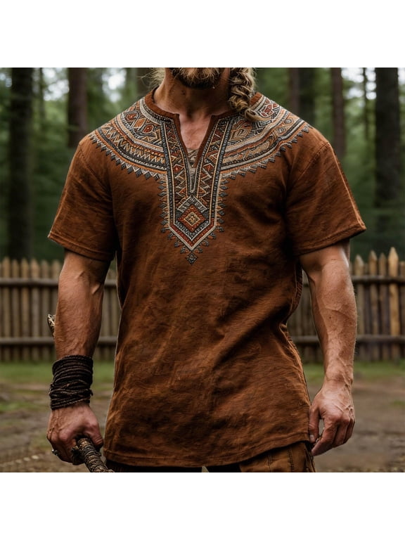 Mens African Shirt Tribal Floral Print Traditional T Shirt for Men (Brown XL)