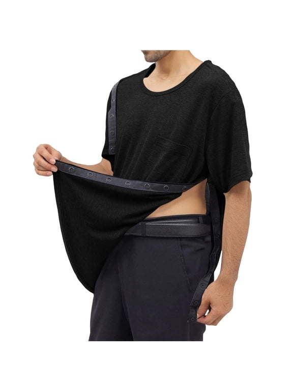 Mens After Surgery Shirt Side Snap Short Sleeve T Shirt Pocket Tearaway Shirts Summer Breathable Tees Black M