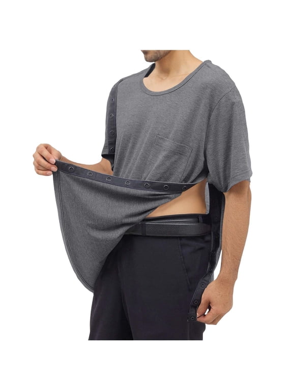 Mens After Surgery Shirt Side Snap Short Sleeve T Shirt Pocket Tearaway Shirts Summer Breathable Tees Gray M