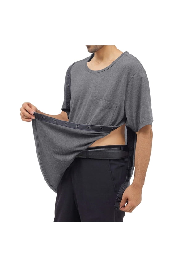 Mens After Surgery Shirt Side Snap Short Sleeve T Shirt Pocket Tearaway Shirts Summer Breathable Tees Gray M