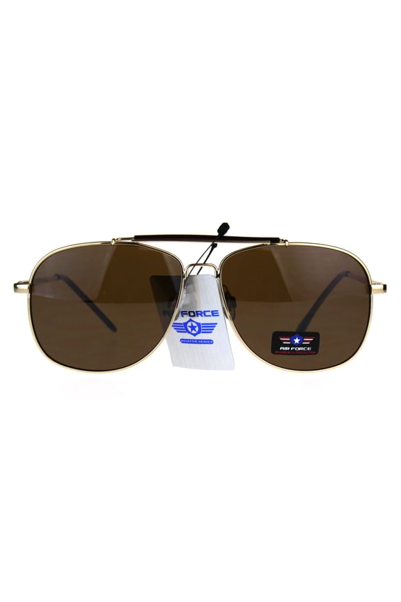 Mens Air Force Rectangular Police Flat Top Pilots Sunglasses Gold Brown