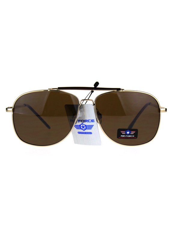 Mens Air Force Rectangular Police Flat Top Pilots Sunglasses Gold Brown