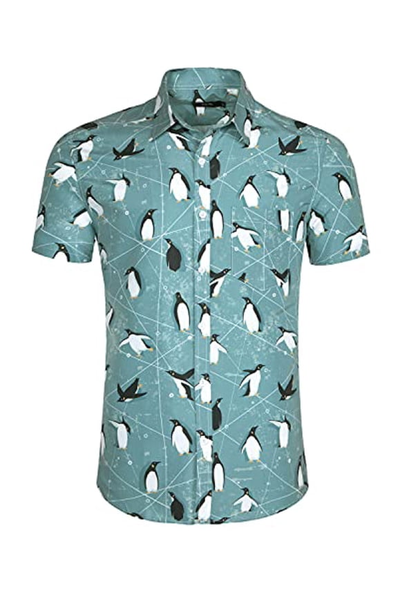Mens Aloha Hawaiian Shirt Penguin Printed Tropical Novelty Casual Button Down Short Sleeve Shirts 100% Cotton