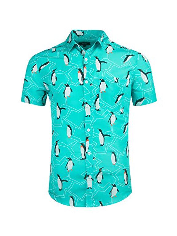 Mens Aloha Hawaiian Shirt Penguin Printed Tropical Novelty Casual Button Down Short Sleeve Shirts 100% Cotton