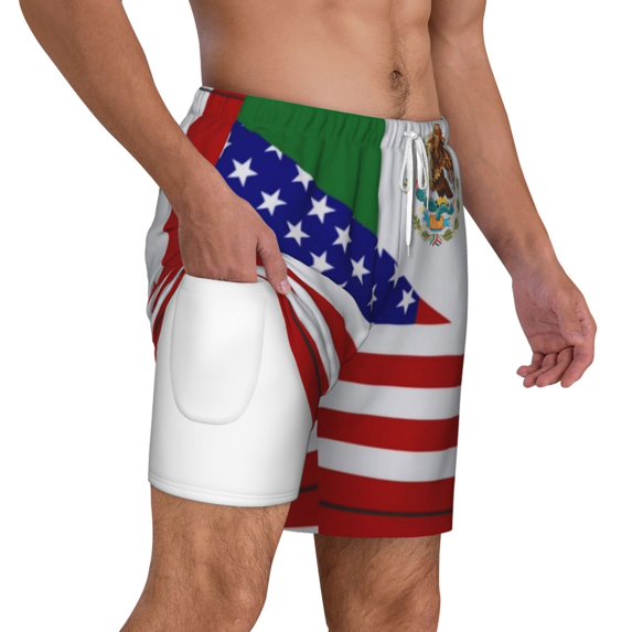 Mens America Flag Mexican Flag Swimming Trunks with Compression Liner Beach Quick Dry Swim Shorts