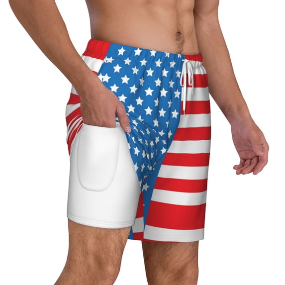 Mens America Flag Swimming Trunks with Compression Liner Beach Quick Dry Swim Shorts