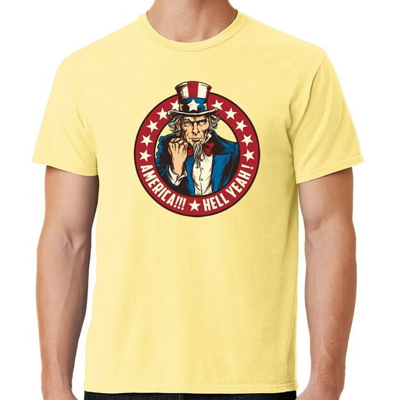 Mens America Hell Yeah Patriotic Cotton Tee Shirt, Medium Popcorn Yellow