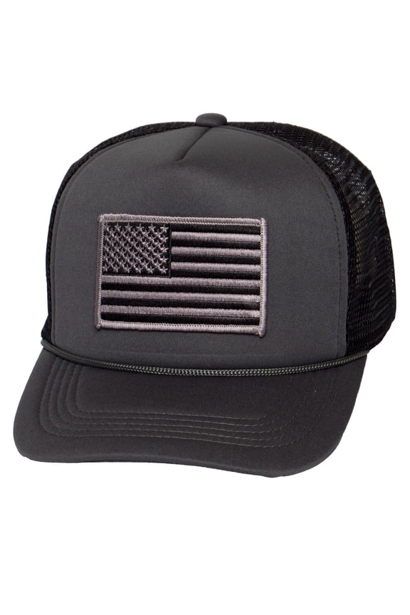 Mens America USA Patriotic Trucker Hat, American Flag Snapback Cap, Dark Grey