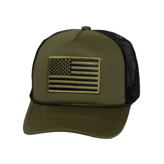 Mens America USA Patriotic Trucker Hat, American Flag Snapback Cap, Olive
