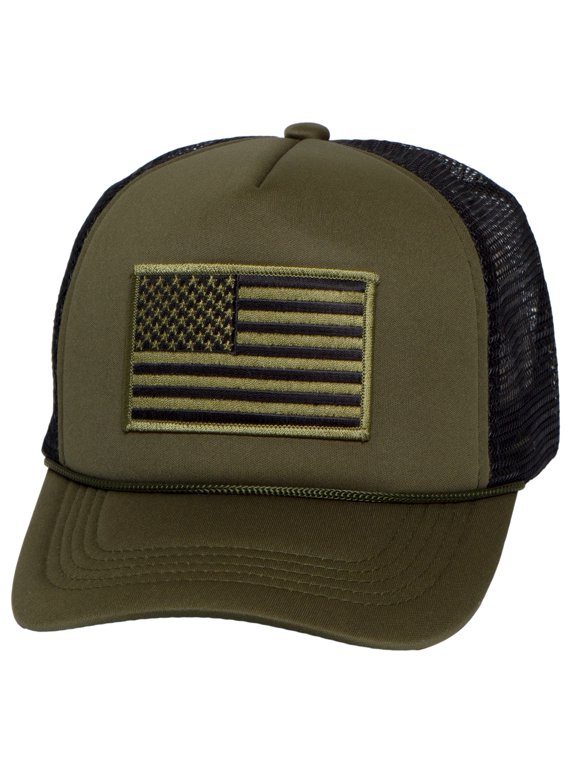 Mens America USA Patriotic Trucker Hat, American Flag Snapback Cap, Olive