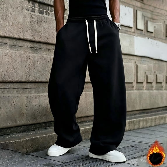 Mens American Baggy Fleece‑Lined Sweatpants, Elastic Drawstring Waist Wide Oversized Straight Leg Casual Lounge Trousers for Men Black XL