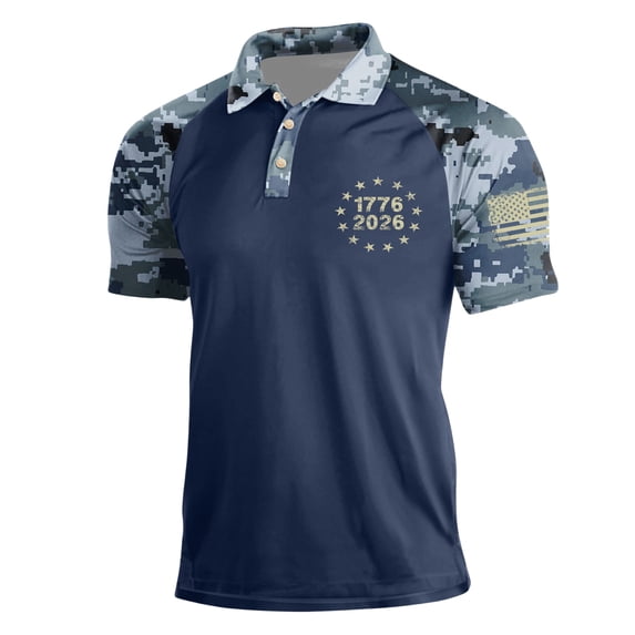 Mens American Flag Golf Shirts 250th America Anniversary 4th Of July Polo Shirts Short Sleeve National Flag Print Polo Shirt Button Down Independence Day 1776-2026 Patriotic Tee Tops,Blue 3XL