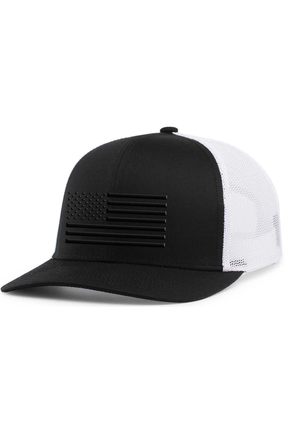 Mens American Flag Hat Shadow Flag Patriotic Mesh Back Trucker Hat, Black/White