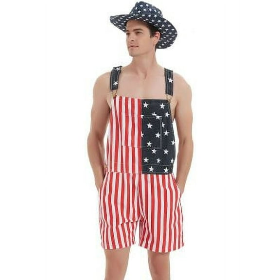 Mens American Flag Overalls Shorts Jumpsuit 4th of July Bib Coveralls(Red White Blue,xl)