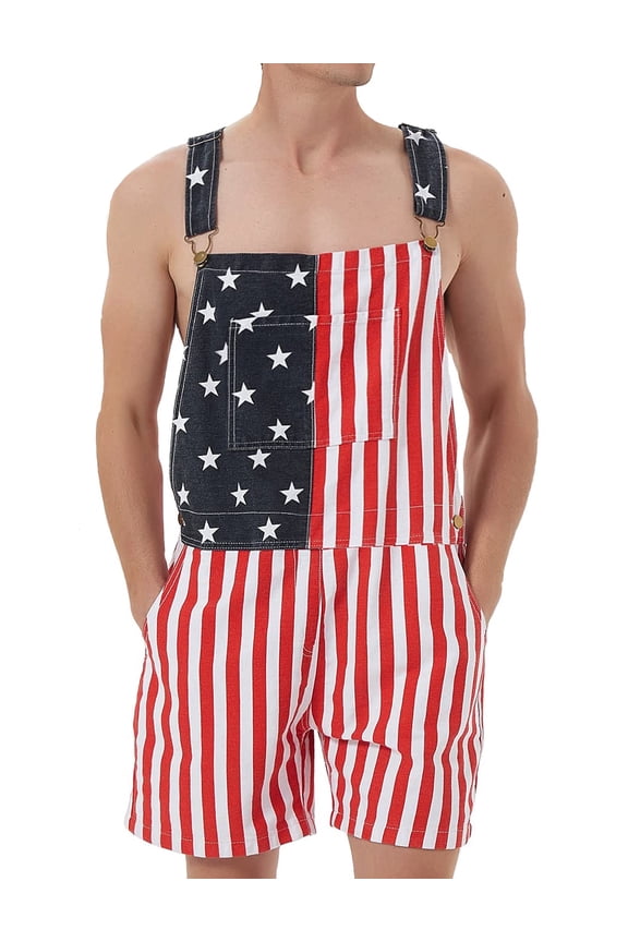 Mens American Flag Overalls Shorts Jumpsuit 4th of July Bib Coveralls(Red White Blue,XL)
