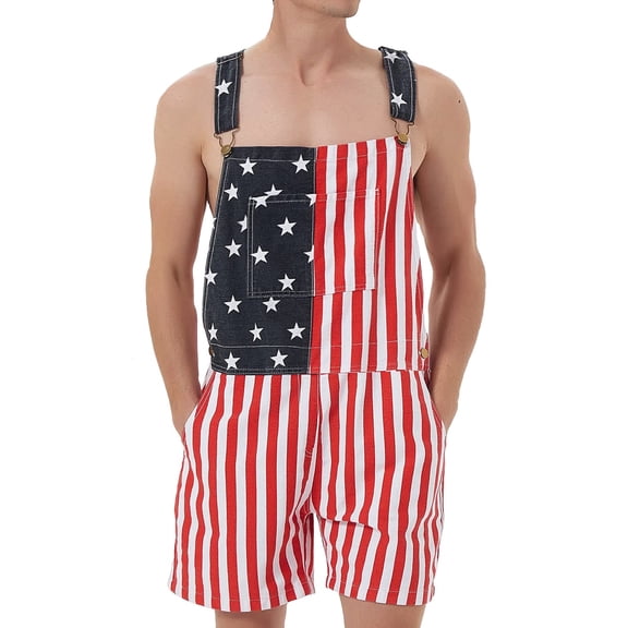 250th Anniversary Mens American Flag Overalls Shorts Jumpsuit 4th of July Bib Coveralls(Red White Blue,XL)