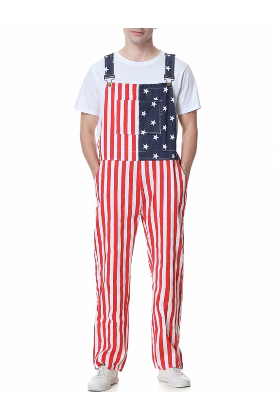 Mens American Flag Overalls USA Denim Bibs Coveralls 4th of July Jumpsuit