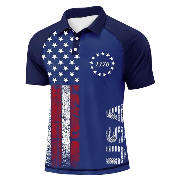 Mens American Flag Patriotic Polo Shirts 250th America Anniversary 4th Of July Golf Shirts Short Sleeve National Flag Print Polo Shirt Collared Button Independence Day Patriotic Golf Shirts,Blue M