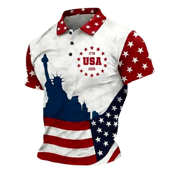 Mens American Flag Polo Shirts USA 250th Anniversary Print Golf Shirts Button Up Lapel Tshirts Patriotic Tops