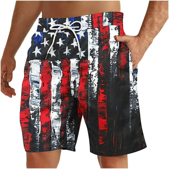 Mens American Flag Printed Shorts,Summer Elastic High Waist Beach Shorts Lace-Up Adjustable Bermuda Shorts 4Th Of July Independence Day Sweatpants with Pockets