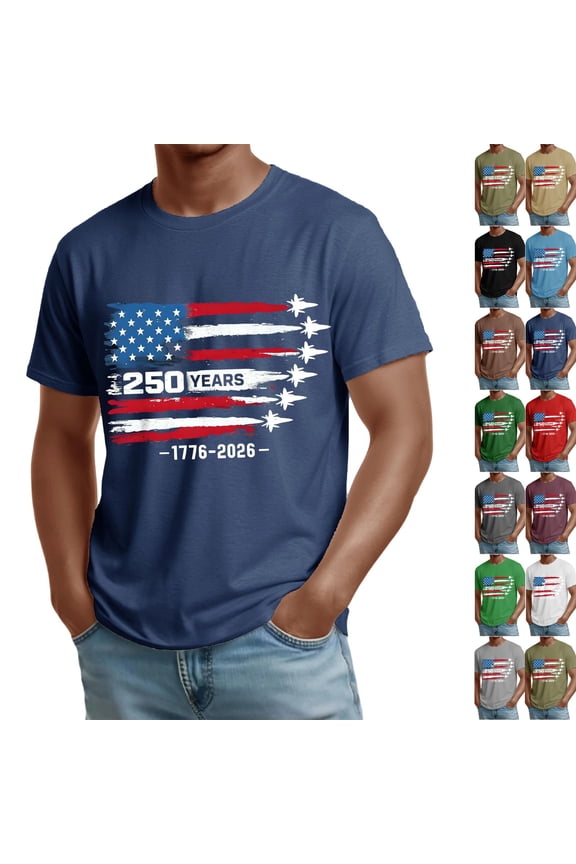 Mens American Flag Shirts 4th of July T-Shirt USA Flag Patriotic Short Sleeve Memorial Day Tops 1776-2026 Print Tees Navy M
