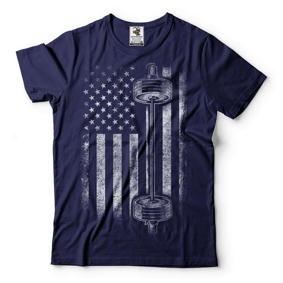 Mens American Flag With Barbell Shirt USA Freedom Shirt Workout T-Shirt Gym Shirts Gym Bro Gifts (3X-Large Navy Blue)