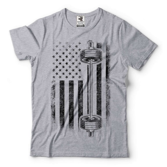Mens American Flag With Barbell Shirt USA Freedom Shirt Workout T-Shirt Gym Shirts Gym Bro Gifts (Small Grey)