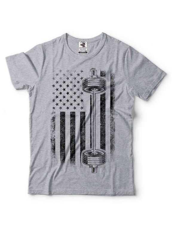 Mens American Flag With Barbell Shirt USA Freedom Shirt Workout T-Shirt Gym Shirts Gym Bro Gifts (Small Grey)